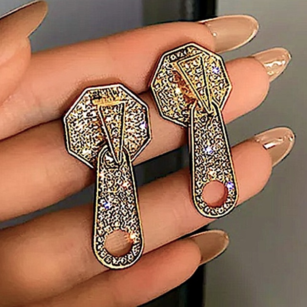 Gold 18K GP Rhinestone Zipper Earrings - Picture 3 of 4